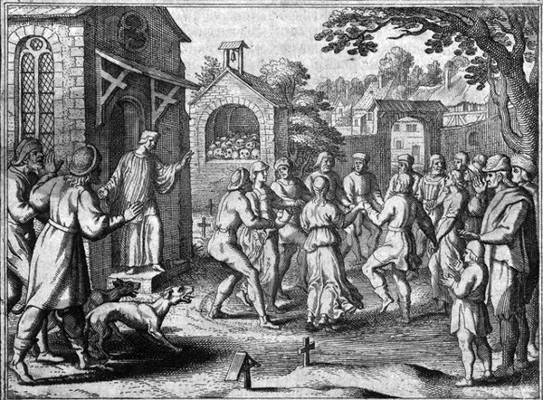 16th-century engraving of dancers afflicted by the dancing plague, flailing and collapsing in a street scene