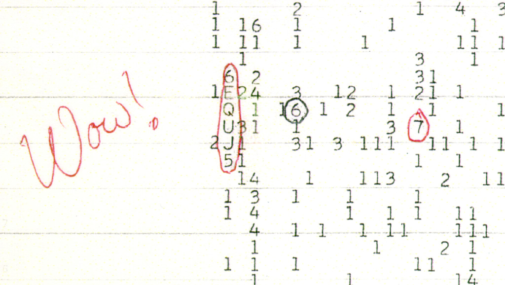 The original Big Ear computer printout reading 6EQUJ5, with Jerry Ehman's handwritten 'Wow!' comment circled in red ink